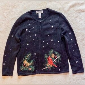Heirloom Collectibles Christmas Cardinal Embroidered Cardigan Sweater Size L